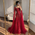 Red A Line Beaded Evening Dress For Women Cape Sleeve Custom Party Gown