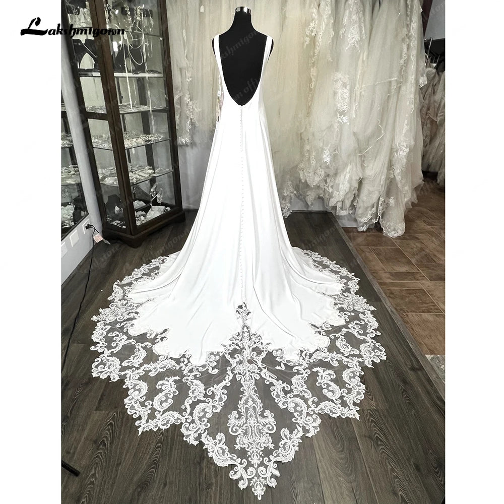 Custom Made Satin Wedding Dress Lace Backless Court Train Bridal Gown