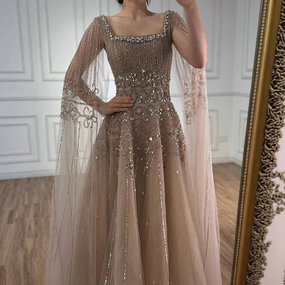 Red A Line Beaded Evening Dress For Women Cape Sleeve Custom Party Gown