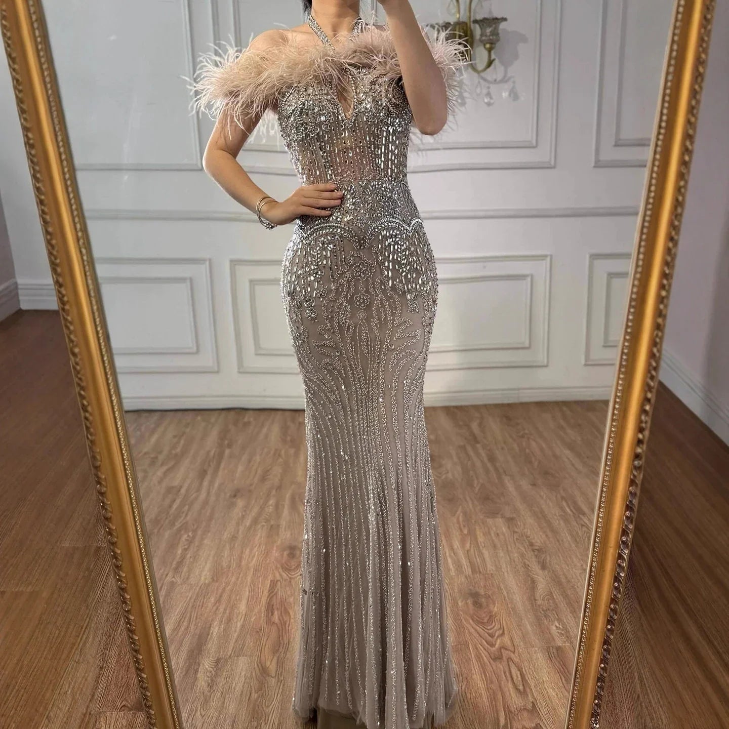Luxury Nude Halter Feather Crystal Evening Dress LA73349