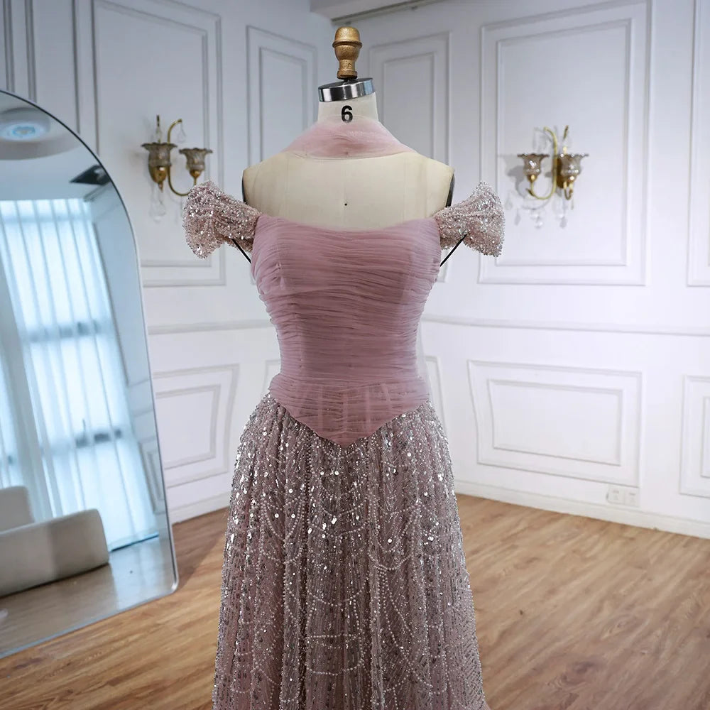 Vestido de Noite de Luxo com Pérolas Cor-de-Rosa Árabes Engastadas e Capa LA72922