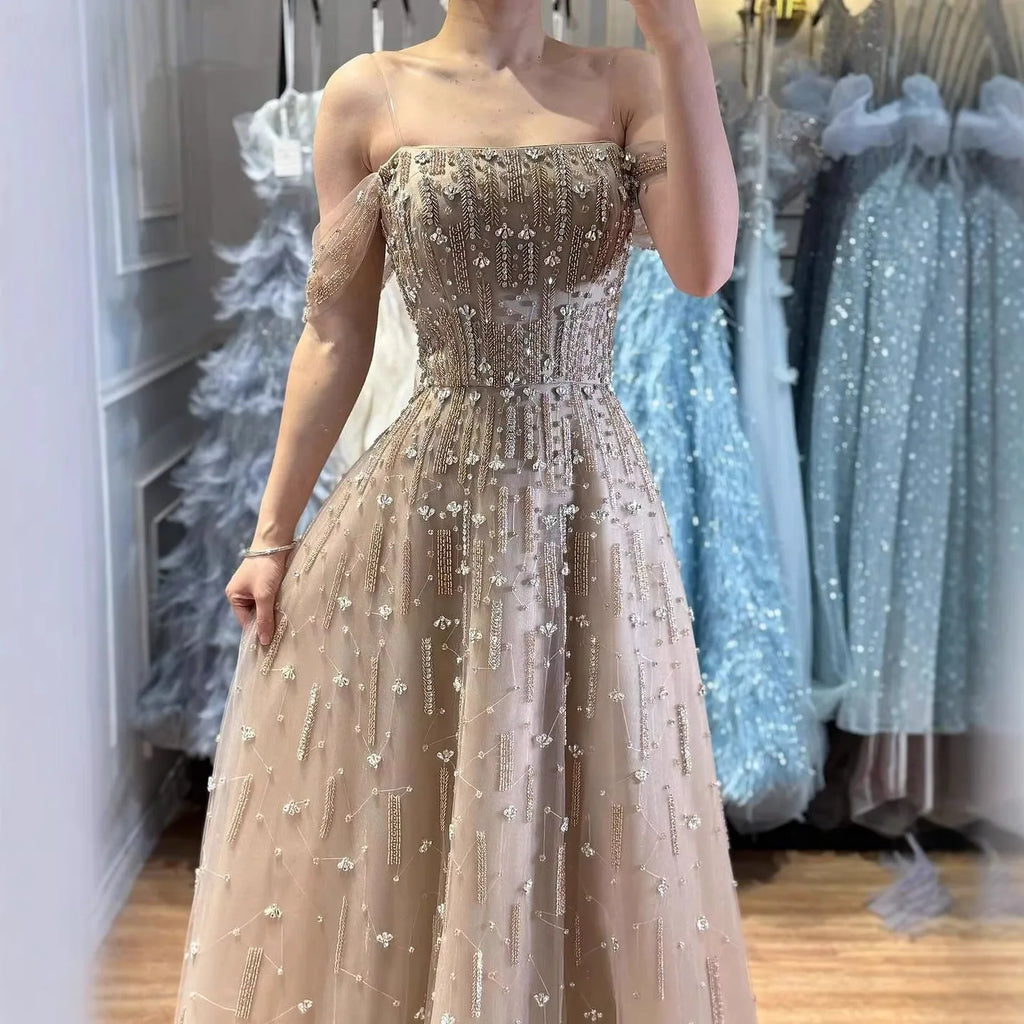 Serene Hill Caramel Beaded Off Shoulder A Line Evening Gown For Prom