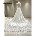 Lakshmigown Custom Crepe Satin Wedding Dress Scoop Neck Court Train
