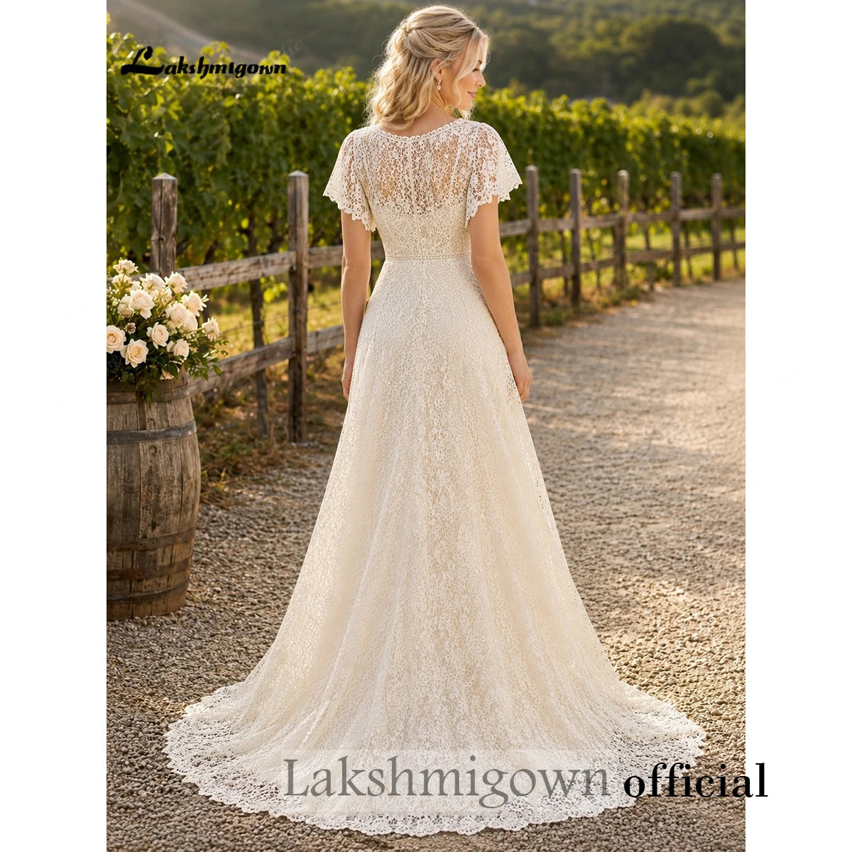 Custom Full Lace A Line BoHo Wedding Dress With Deep V Neck And Sleeves