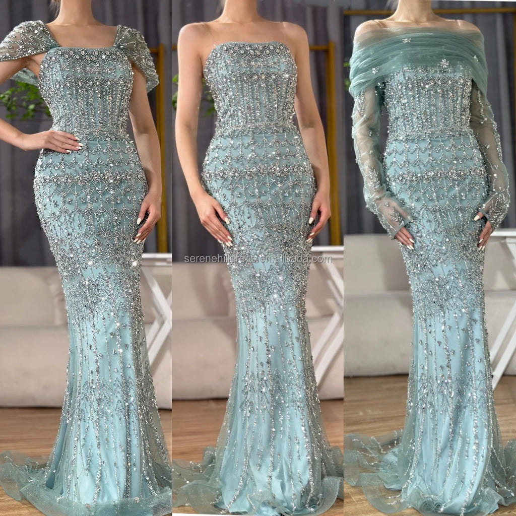 Women Blue Mermaid Beaded Evening Dress Detachable Sleeves Custom Fit