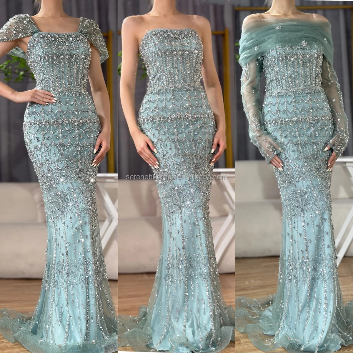 Women Blue Mermaid Beaded Evening Dress Detachable Sleeves Custom Fit