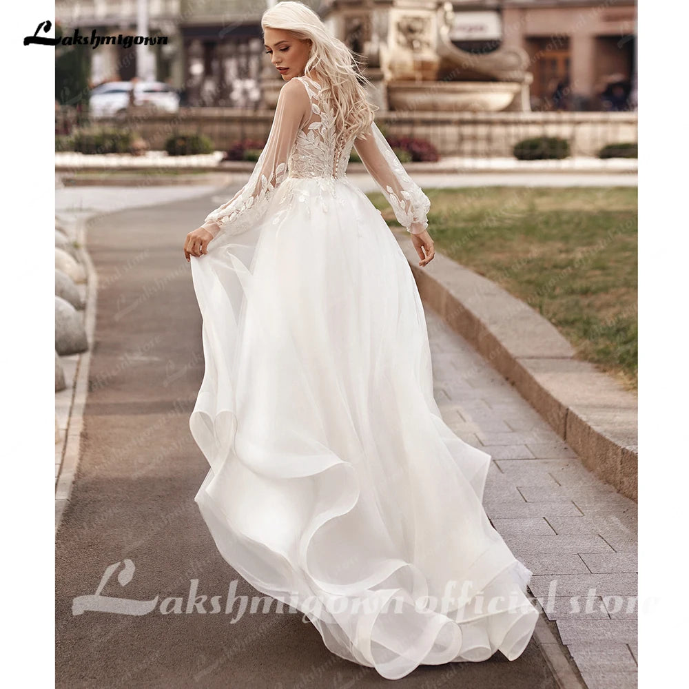 Lakshmigown V Neck Lace Tulle Long Boho Beach Wedding Dress For Women