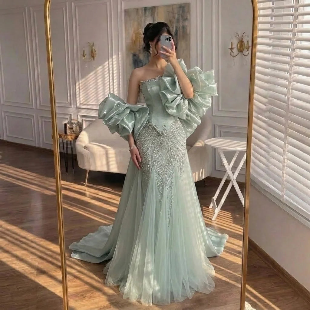 Custom Sage Green Mermaid Evening Dress With Cape And Beaded Gown For Women