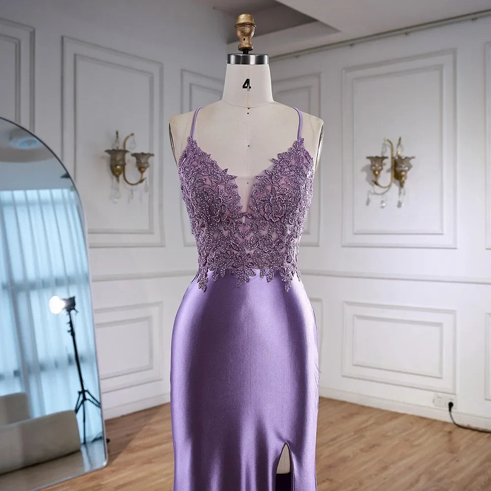 Luxury Purple Satin Prom Dress with Slit and Lace Appliques LA73040