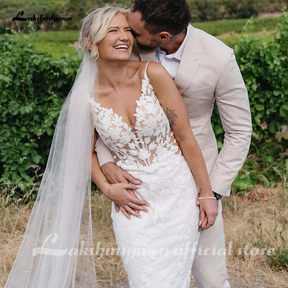 Custom Lace Mermaid Wedding Dress With Deep V Neck And Train