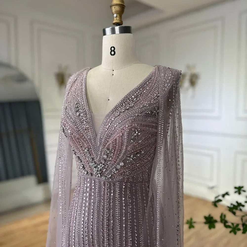 Serene Hill Custom Pink Cape Sleeve Mermaid Beaded Evening Gown For Women