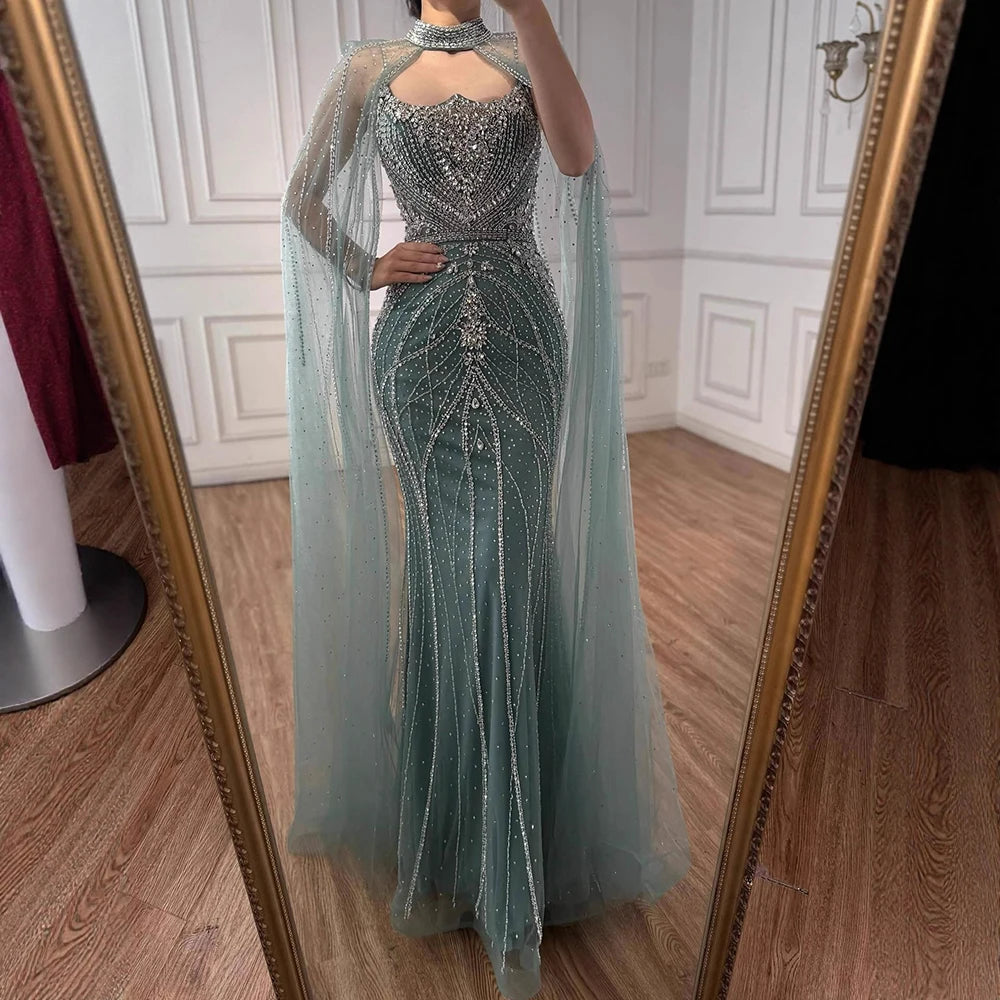 Pink Strapless Mermaid Evening Dress With Cape Beaded Custom Wedding Gown