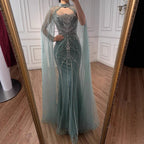 Pink Strapless Mermaid Evening Dress With Cape Beaded Custom Wedding Gown