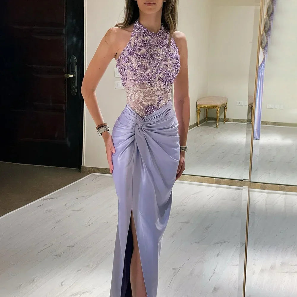 Custom Lilac Halter Mermaid Evening Gown Side Slit Wedding Bridesmaid Dress