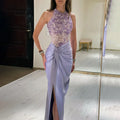 Custom Lilac Halter Mermaid Evening Gown Side Slit Wedding Bridesmaid Dress