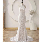Custom Boho Wedding Dress Halter Lace Backless Beach Bridal Gown For Bride