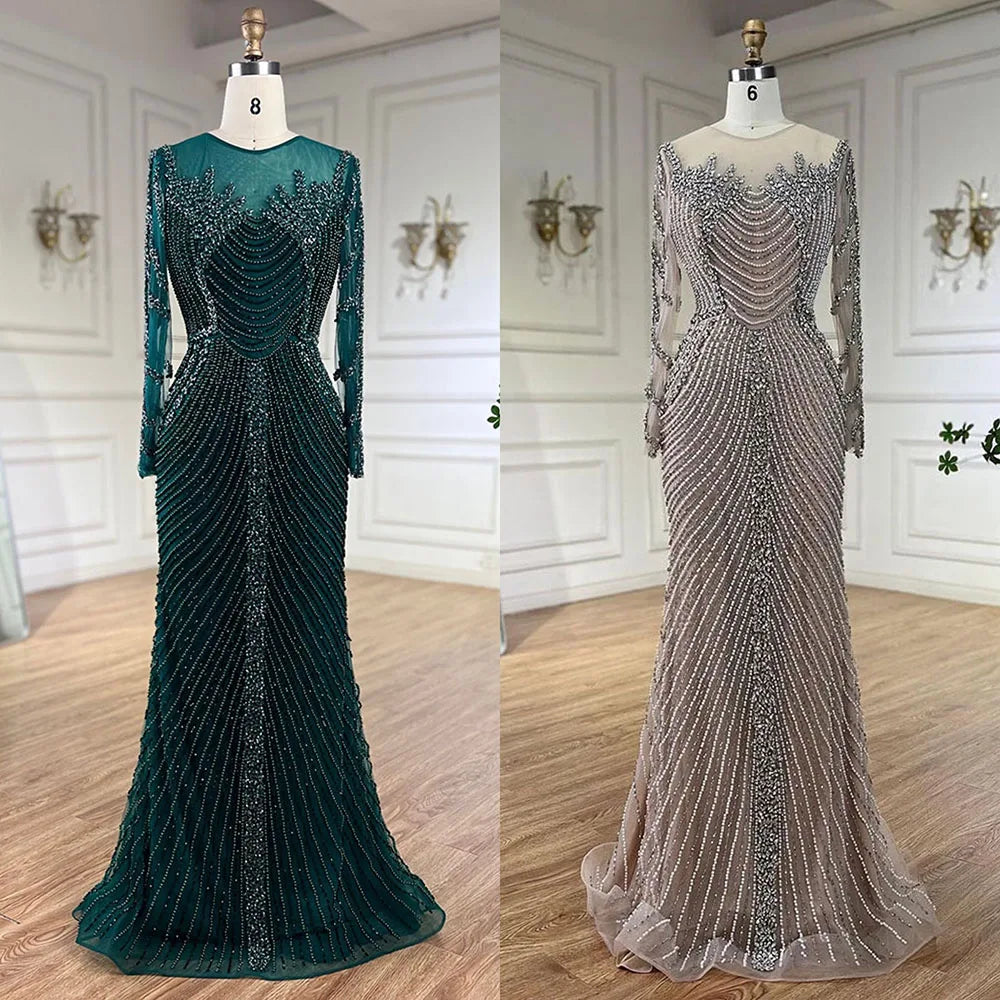 Customized Nude Long Sleeves Beaded Evening Dress With Pearl Gown For Women