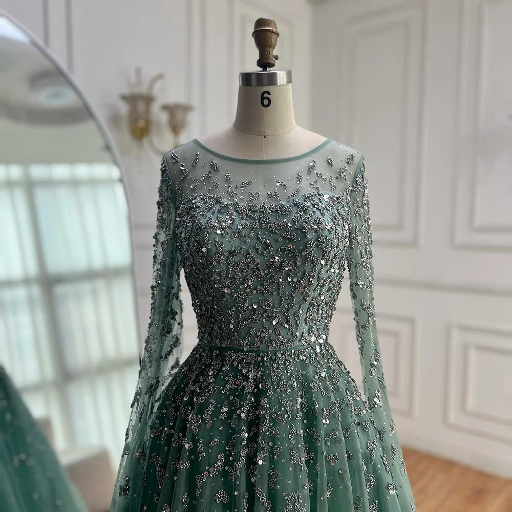 Turquoise A Line Beaded Evening Dress With Cape Sleeves For Women Formal