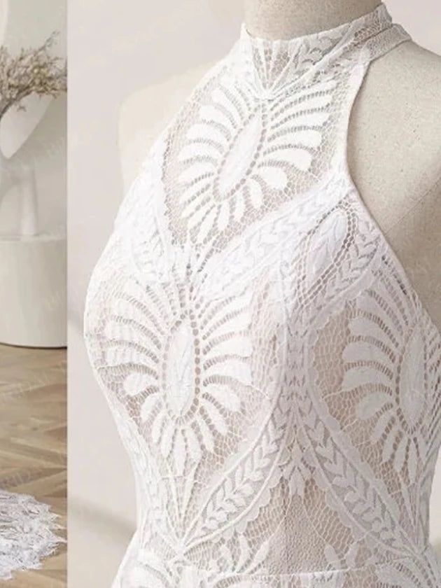 Custom Boho Wedding Dress Halter Lace Backless Beach Bridal Gown For Bride