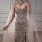 Luxury Sexy Split Evening Dress With Cape Nude LA73339