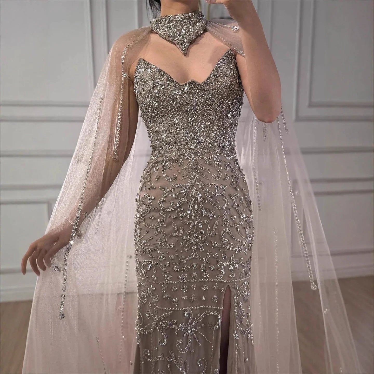 Luxury Sexy Split Evening Dress With Cape Nude LA73339