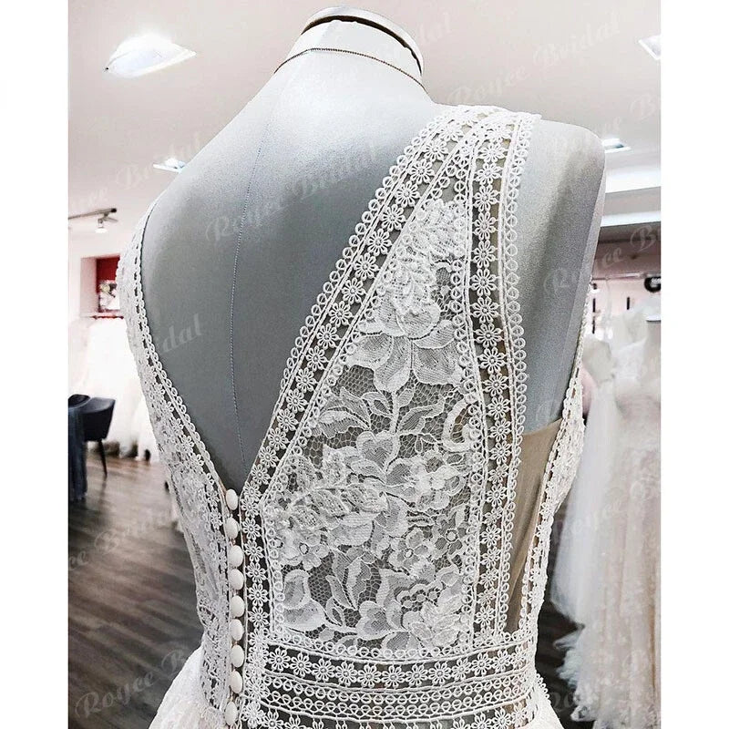 Lakshmigown Boho Champagne Lace V Neck Sleeveless Custom Train Bridal Gown