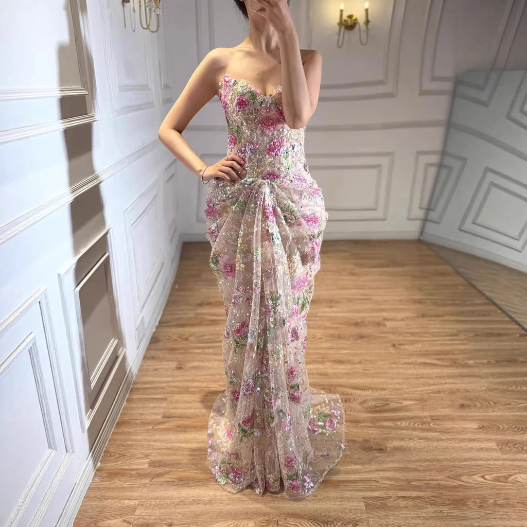 Customized Strapless Mermaid Evening Dress With Floral Pattern For Women