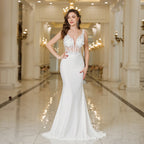 Misshow Elegant White Mermaid Wedding Dress Lace Pearl V Neck Gown