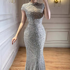 Silver Beaded Mermaid Evening Dress High Neck Cap Sleeve Custom Party Gown