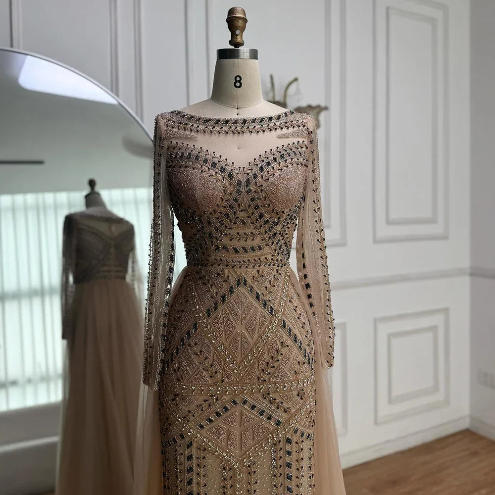 Pink Long Sleeve Mermaid Beaded Customized Evening Dress For Women
