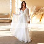 Plus Size Chiffon Wedding Dress With Long Sleeve V Neck And Open Back