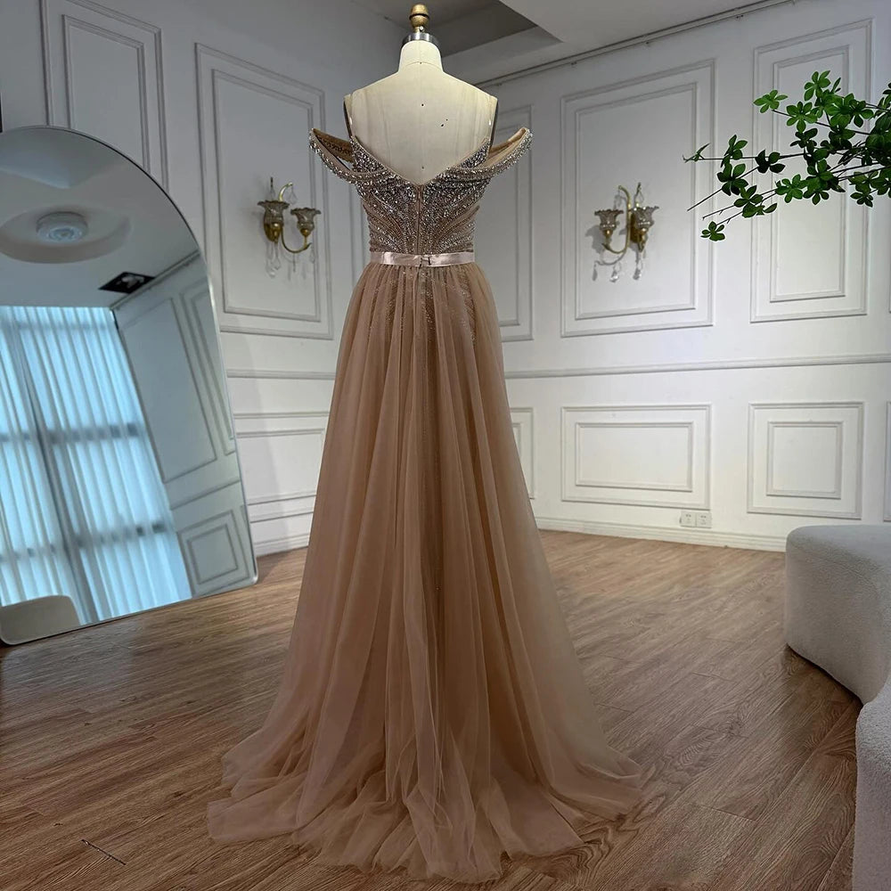 Luxury Beaded Mermaid Off Shoulders Evening Dress Custom Nude Gown For Women