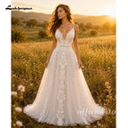 Custom Boho Lace A Line Wedding Dress With V Neck Spaghetti Straps