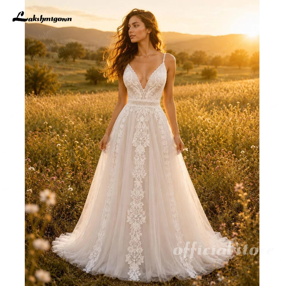 Custom Boho Lace A Line Wedding Dress With V Neck Spaghetti Straps