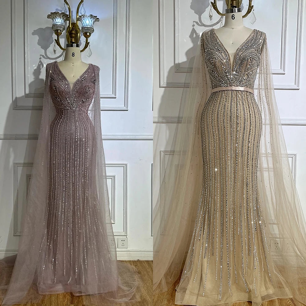 Serene Hill Custom Pink Cape Sleeve Mermaid Beaded Evening Gown For Women