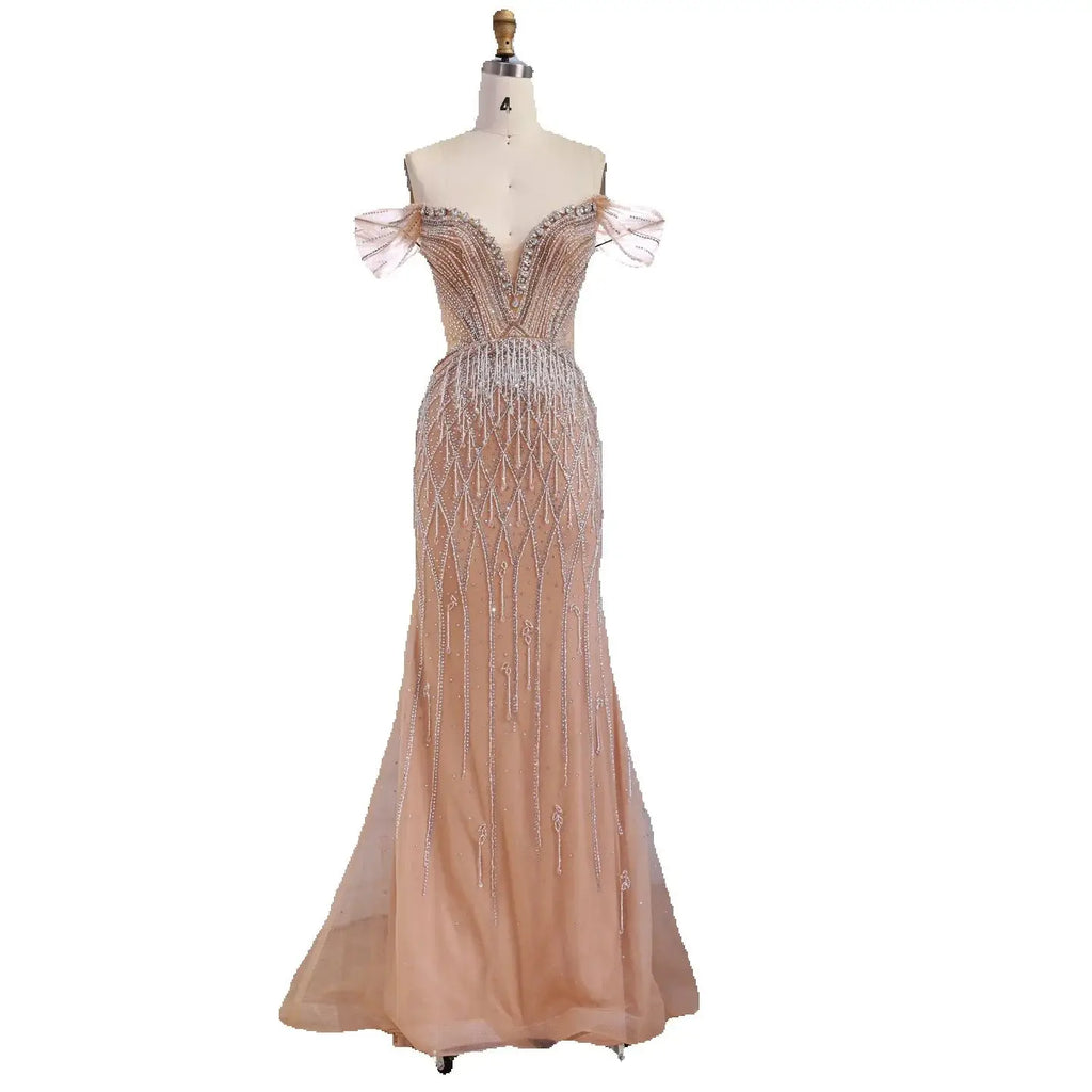 Luxury Nude Off Shoulder Beaded Tassel Evening Dress LA72854A