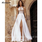 Halter Neck Lace Chiffon Boho Split Side Backless Wedding Dress