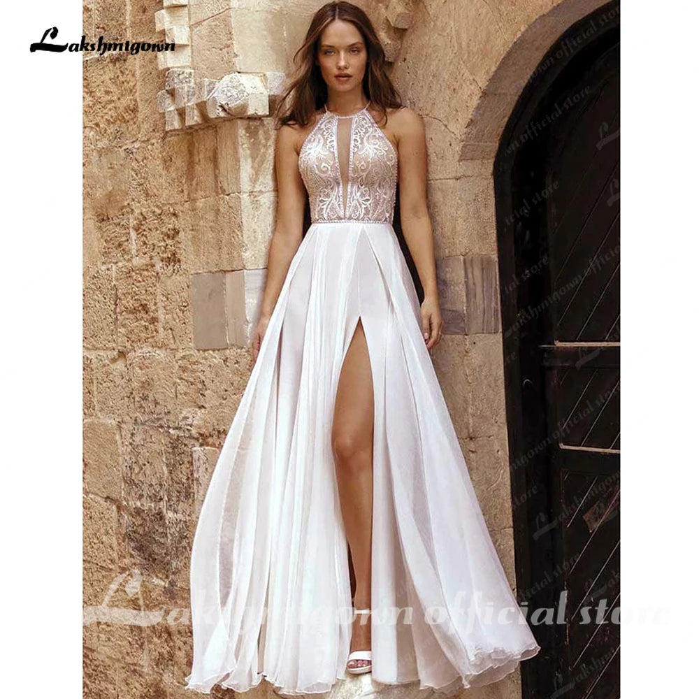 Halter Neck Lace Chiffon Boho Split Side Backless Wedding Dress