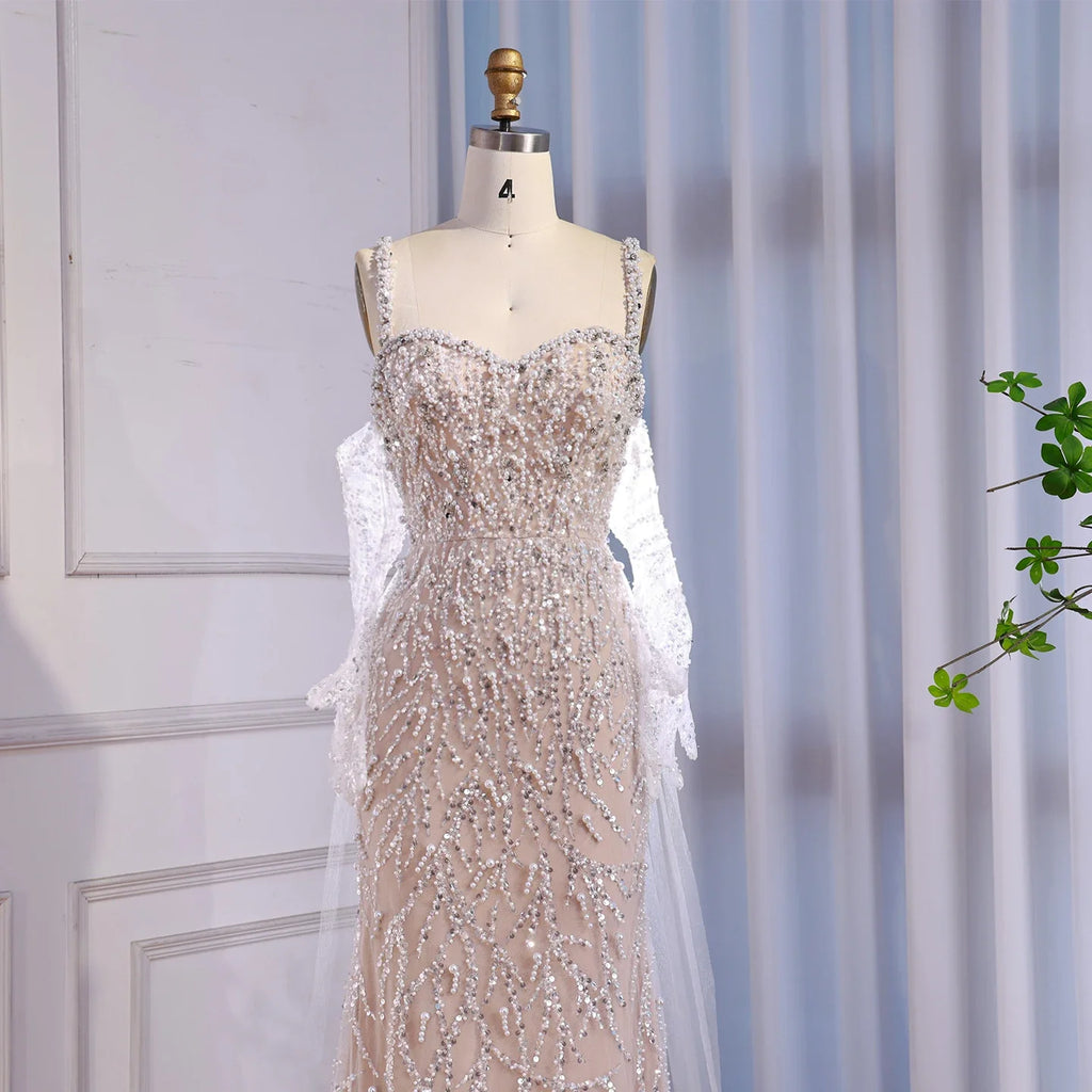 Luxury Lace Pearls Mermaid Evening Dress With Glove White Nude LA72345E