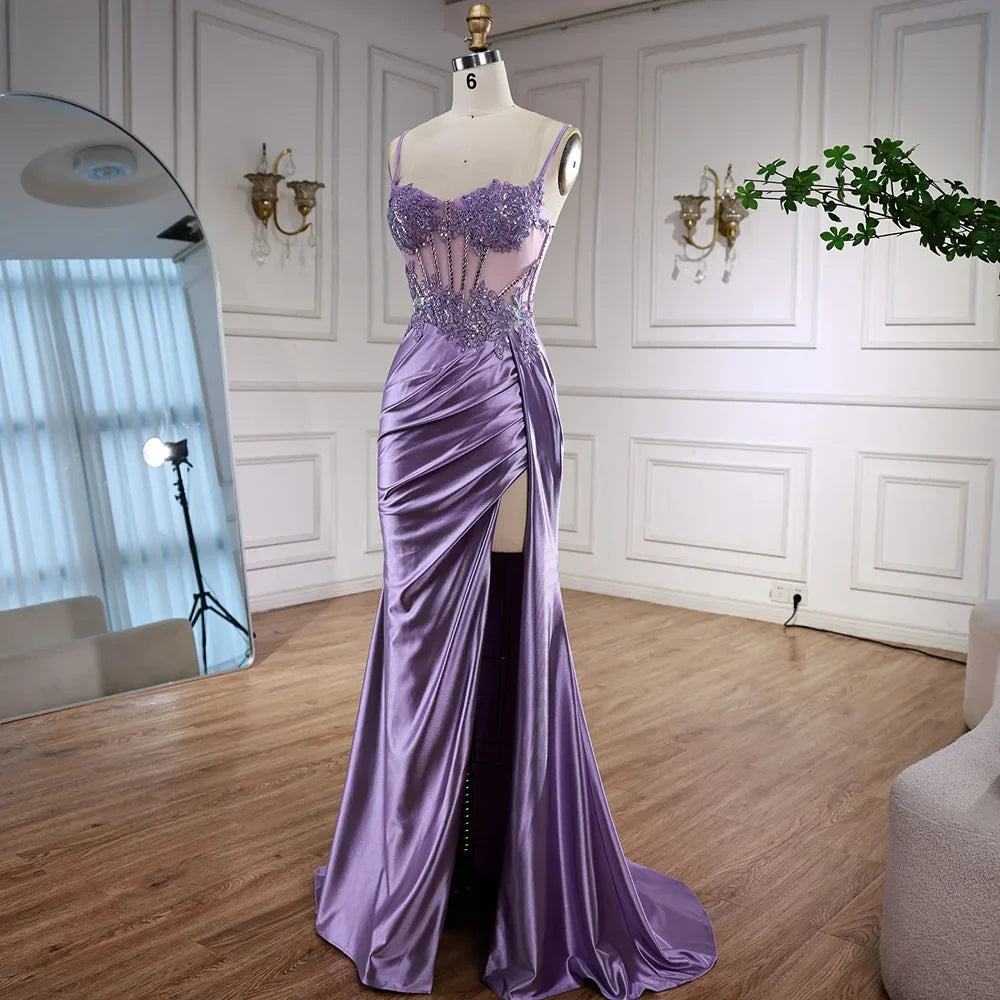 Luxury Mint Green Satin Beaded Prom Dress with Slit LA72995