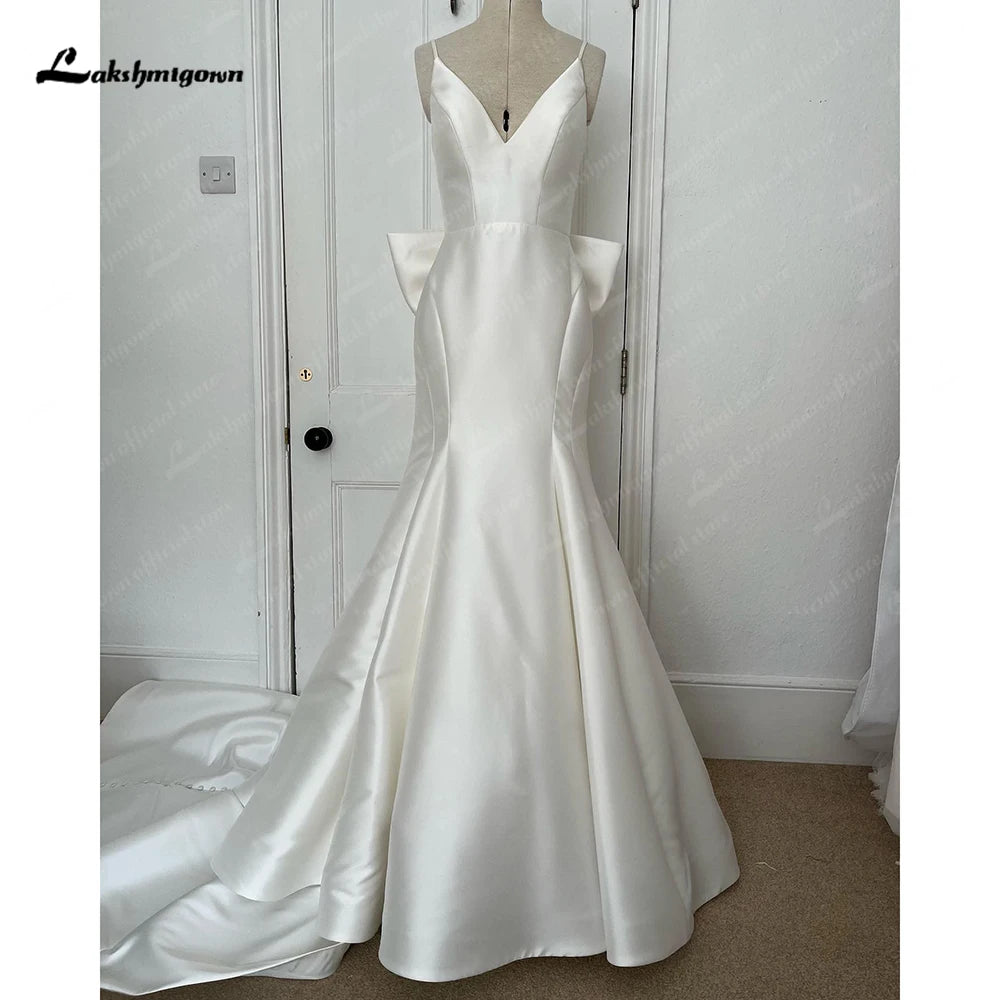 Lakshmigown Satin Mermaid Wedding Dress Spaghetti Straps Backless Bow