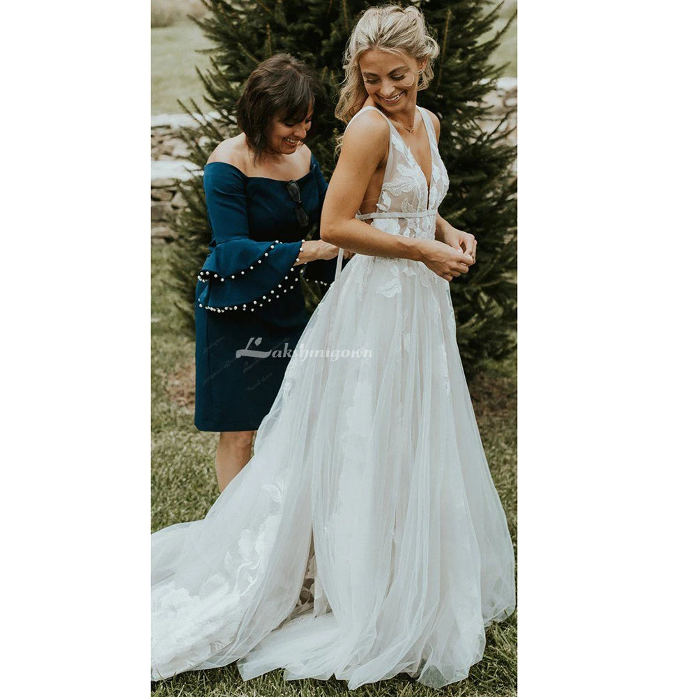 Custom A Line Lace Wedding Dress With Appliques Floor Length Bridal Gown