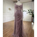 Serene Hill Pink Mermaid Long Sleeve Beaded Two Piece Evening Party Gown