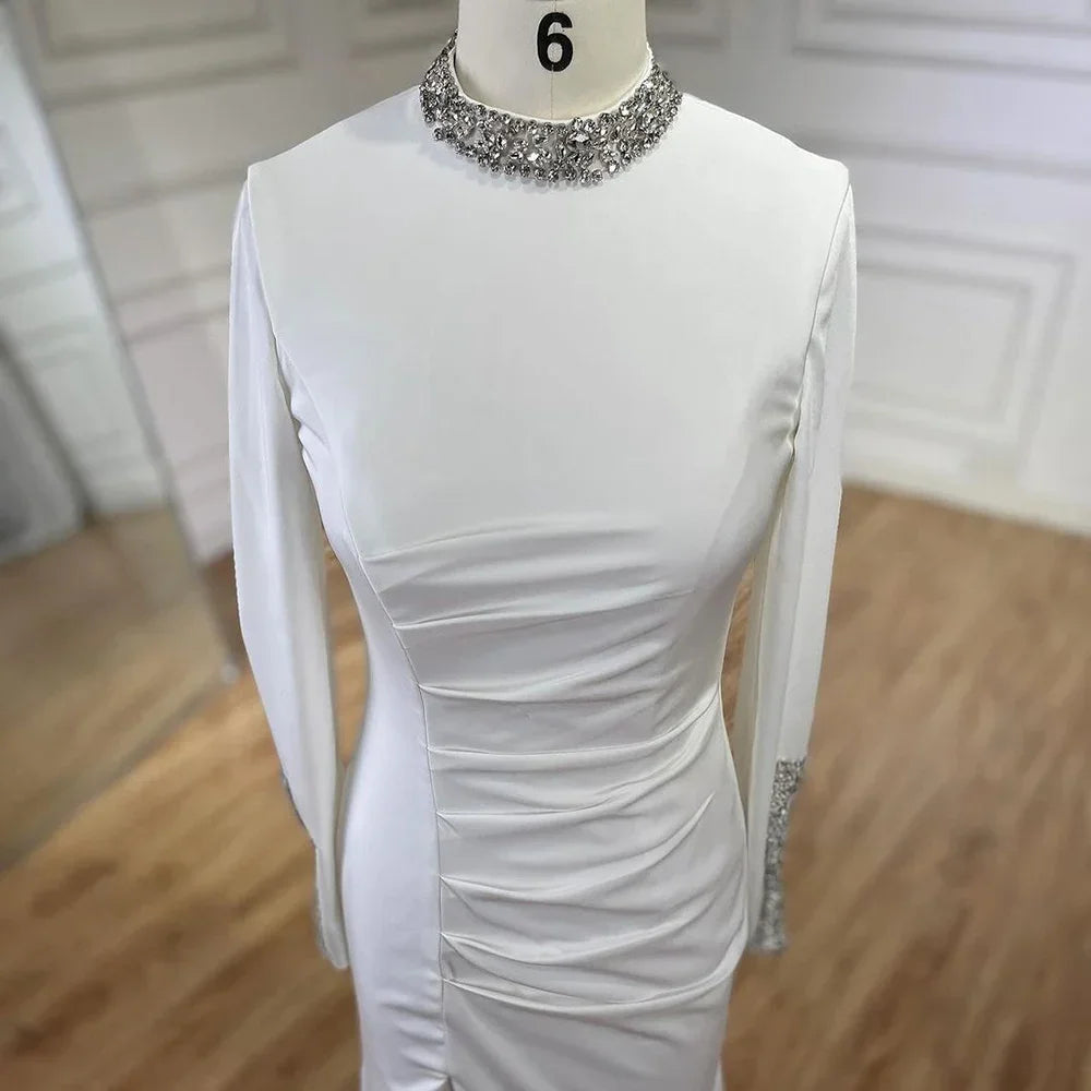 Women Custom Black Satin Mock Neck Mermaid Evening Dress With Split