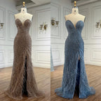 Serene Hill Custom Blue Strapless Evening Gown For Women With Beaded Feathers