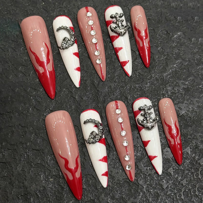 10 uñas postizas largas de aguja, hechas a mano, estilo francés, color rojo, blanco brillante, con purpurina, decoración de diamantes, reutilizables. 