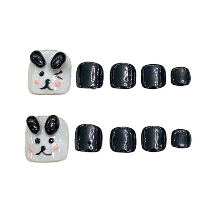 10 uñas postizas de cachorro pintadas a mano, cortas, cuadradas, negras y blancas, con diseño creativo y adhesivo. 
