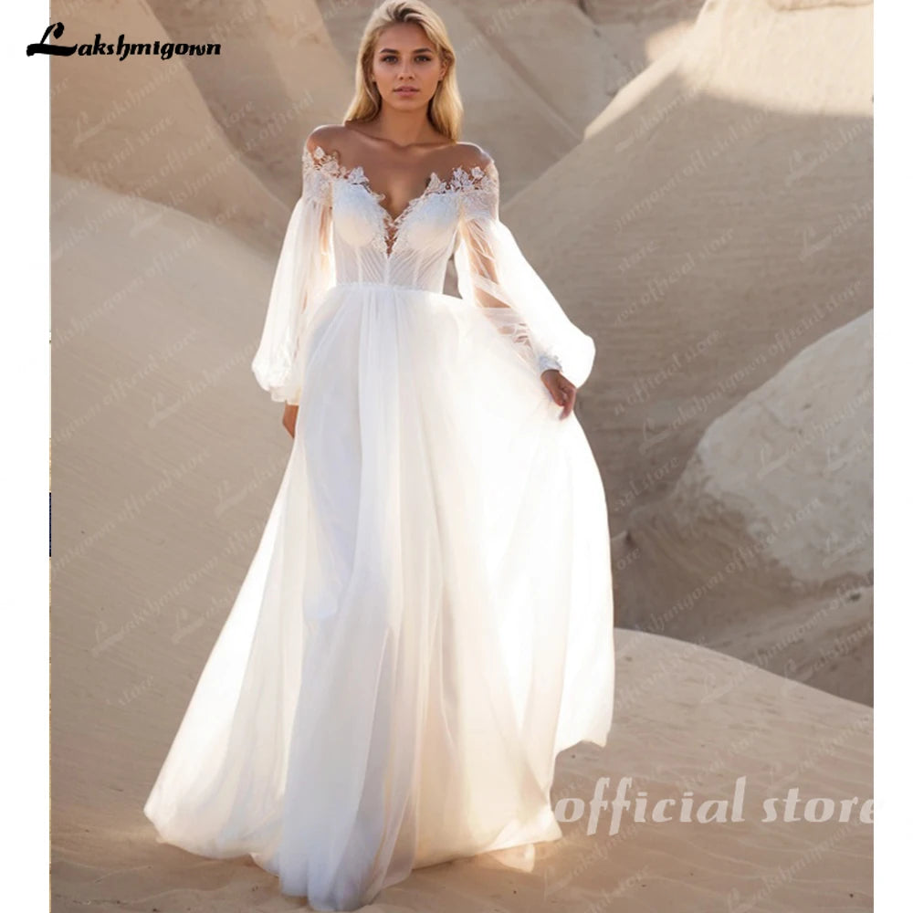 Lakshmigown Puffy Long Sleeves A Line Wedding Dress Deep V Plus Size Custom