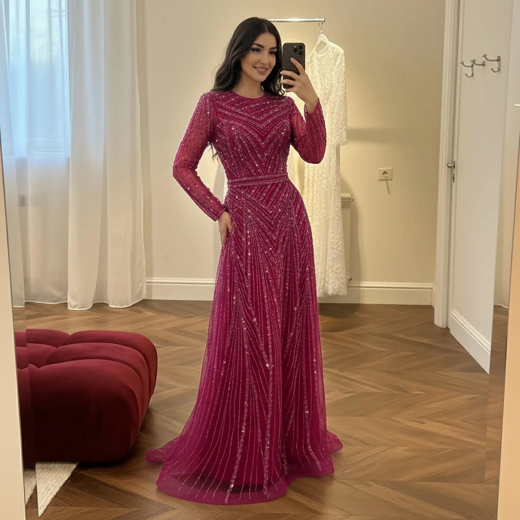 Custom Nude Crew Neck Beaded A Line Evening Dress For Women