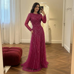 Custom Nude Crew Neck Beaded A Line Evening Dress For Women